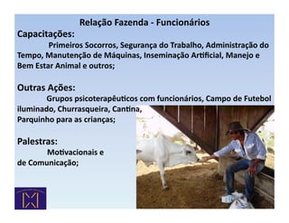 Relação	
  Fazenda	
  -­‐	
  Funcionários	
  
Capacitações:	
  	
  
	
  	
  	
  	
  	
  	
  	
  	
  	
  	
  	
  	
  	
  	
  	
  	
  Primeiros	
  Socorros,	
  Segurança	
  do	
  Trabalho,	
  Administração	
  do	
  
Tempo,	
  Manutenção	
  de	
  Máquinas,	
  Inseminação	
  ArRﬁcial,	
  Manejo	
  e	
  
Bem	
  Estar	
  Animal	
  e	
  outros;	
  

Outras	
  Ações:	
  
	
  	
  	
  	
  	
  	
  	
  	
  	
  	
  	
  	
  	
  	
  	
  Grupos	
  psicoterapêuRcos	
  com	
  funcionários,	
  Campo	
  de	
  Futebol	
  
iluminado,	
  Churrasqueira,	
  CanRna,	
  
Parquinho	
  para	
  as	
  crianças;	
  

Palestras:	
  	
  
	
       	
  	
  MoRvacionais	
  e	
  	
  
de	
  Comunicação;	
  
 