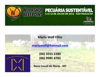 Mario	
  Wolf	
  Filho	
  

mariowolf@hotmail.com	
  

        (66)	
  3551	
  1280	
  
        (66)	
  9985	
  4785	
  

 Nova	
  Canaã	
  do	
  Norte	
  -­‐	
  MT	
  
 