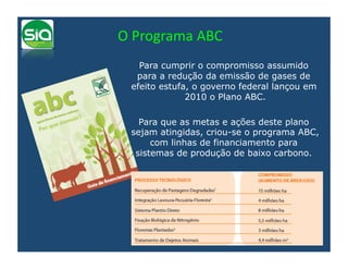 O	
  Programa	
  ABC	
  
    Para cumprir o compromisso assumido
   para a redução da emissão de gases de
  efeito estufa, o governo federal lançou em
               2010 o Plano ABC.

    Para que as metas e ações deste plano
  sejam atingidas, criou-se o programa ABC,
       com linhas de financiamento para
   sistemas de produção de baixo carbono.
 
