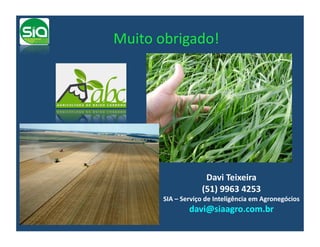 Muito	
  obrigado!	
  




                             Davi	
  Teixeira	
  
                            (51)	
  9963	
  4253	
  
          SIA	
  –	
  Serviço	
  de	
  Inteligência	
  em	
  Agronegócios	
  
                      davi@siaagro.com.br	
  	
  
 
