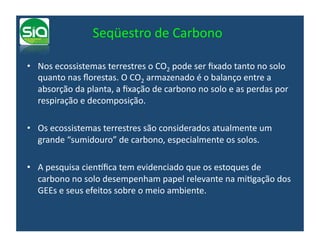 Seqüestro	
  de	
  Carbono	
  

•  Nos	
  ecossistemas	
  terrestres	
  o	
  CO2	
  pode	
  ser	
  ﬁxado	
  tanto	
  no	
  solo	
  
   quanto	
  nas	
  ﬂorestas.	
  O	
  CO2	
  armazenado	
  é	
  o	
  balanço	
  entre	
  a	
  
   absorção	
  da	
  planta,	
  a	
  ﬁxação	
  de	
  carbono	
  no	
  solo	
  e	
  as	
  perdas	
  por	
  
   respiração	
  e	
  decomposição.	
  

•  Os	
  ecossistemas	
  terrestres	
  são	
  considerados	
  atualmente	
  um	
  
   grande	
  “sumidouro”	
  de	
  carbono,	
  especialmente	
  os	
  solos.	
  	
  

•  A	
  pesquisa	
  cienFﬁca	
  tem	
  evidenciado	
  que	
  os	
  estoques	
  de	
  
   carbono	
  no	
  solo	
  desempenham	
  papel	
  relevante	
  na	
  miIgação	
  dos	
  
   GEEs	
  e	
  seus	
  efeitos	
  sobre	
  o	
  meio	
  ambiente.	
  
 