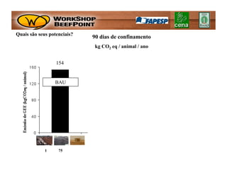 Quais são seus potenciais?
                             90 dias de confinamento
                              kg CO2 eq / animal / ano


                  154

                                132
                 BAU                              116

                                                         84




             1     75
 