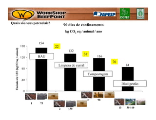 Quais são seus potenciais?
                                      90 dias de confinamento
                                       kg CO2 eq / animal / ano


                  154
                             22
                                         132
                                                   38
                 BAU                                         116
                                                                      70
                              Limpeza do curral                                   84

                                                        Compostagem

                                                                                Biodigestão



                                                     2       90
             1     75

                                  2     150                                13      30 / 60
 