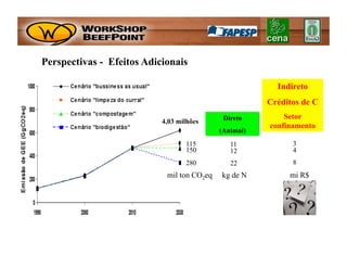 Perspectivas - Efeitos Adicionais

                                                         Indireto
                                                       Créditos de C
                                             Direto        Setor
                           4,03 milhões
                                                       confinamento
                                            (Animal)
                                  115          11            3
                                  150          12            4
                                  280          22            8
                            mil ton CO2eq   kg de N         mi R$
 