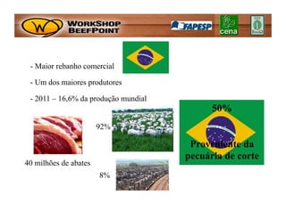 - Maior rebanho comercial

 - Um dos maiores produtores

 - 2011 – 16,6% da produção mundial
                                            50%
                       92%

                                       Proveniente da
                                      pecuária de corte
40 milhões de abates
                       8%
 