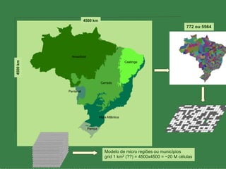 4500 km
                                                                          772 ou 5564




            Amazônia
4500 km




                                                Caatinga




                                Cerrado

          Pantanal




                               Mata Atlântica


                       Pampa




                                  Modelo de micro regiões ou municípios 
                                  grid 1 km2 (??) = 4500x4500 = ~20 M células
 