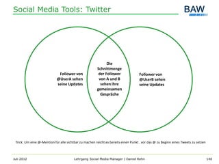 Social Media Tools: Twitter




                                                             Die
                                                       Schnittmenge
                             Follower von               der Follower               Follower von
                            @UserA sehen                von A und B                @UserB sehen
                            seine Updates                sehen ihre                seine Updates
                                                       gemeinsamen
                                                         Gespräche




 Trick: Um eine @-Mention für alle sichtbar zu machen reicht es bereits einen Punkt . vor das @ zu Beginn eines Tweets zu setzen



Juli 2012                               Lehrgang Social Media Manager | Daniel Rehn                                                140
 