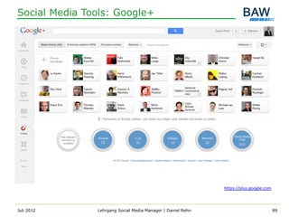Social Media Tools: Google+




                                                             https://plus.google.com



Juli 2012      Lehrgang Social Media Manager | Daniel Rehn                             89
 