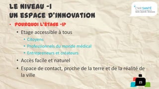 Le niveau -1
Un espace d’innovation
• Pourquoi l’étage -1?
  • Etage accessible à tous
     • Citoyens
     • Professionnels du monde médical
     • Entrepreneurs et créateurs
  • Accès facile et naturel
  • Espace de contact, proche de la terre et de la réalité de
    la ville
                                                          25
 