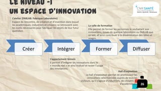 Le niveau -1
Un espace d’innovation
L’atelier (FABLAB: Fabrique Laboratoire)
Espace de rencontre, de création et d’invention dans lequel
les académiques, industriels et citoyens se retrouvent avec             La salle de formation
les outils nécessaires pour fabriquer les objets de leur futur          Elle permet de former les personnes le souhaitant aux
quotidien                                                               innovations, issues de quelque laboratoire ou FABLAB que
                                                                        ce soit, et ainsi contribuer à la dissémination des idées et
                                                                        usages.



         Créer                            Intégrer                             Former                              Diffuser
                                   L’appartement témoin
                                   Il permet d’intégrer les innovations dans le
                                   « monde réel » et ainsi évaluer et tester l’usage
                                   des innovations.
                                                                                                      Hall d’exposition
                                                                      Le hall d’exposition permet de promouvoir les
                                                                       innovations sélectionnées auprès de tous les
                                                                 visiteurs, qu’il s’agisse d’industriels, de citoyens ou
                                                                                                        d’académiques.     26
 