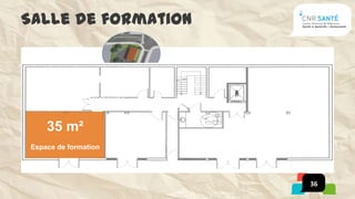 Salle de formation


           45 m²
      Ateliers de Recherche

                                         90 m²
     35 m²              27 m²         Salle d’Exposition
 Espace de formation   Appartement
                       Expérimental



                                                     36
 