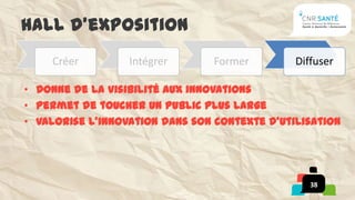 Hall d’exposition
    Créer         Intégrer      Former         Diffuser

• Donne de la visibilité aux innovations
• Permet de toucher un public plus large
• Valorise l’innovation dans son contexte d’utilisation




                                                  38
 