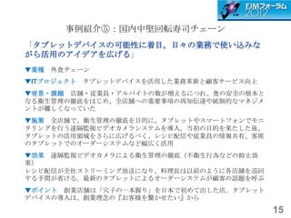 事例紹介⑤：国内中堅回転寿司チェーン
「タブレットデバイスの可能性に着目。日々の業務で使い込みな
がら活用のアイデアを広げる」
▼業種 外食チェーン
▼ITプロジェクト   タブレットデバイスを活用した業務革新と顧客サービス向上
▼背景・課題 店舗・従業員・アルバイトの数が増えるにつれ、食の安全の根本と
なる衛生管理の徹底をはじめ、全店舗への重要事項の周知伝達や統制的なマネジメ
ントが難しくなっていた
▼施策 全店舗で、衛生管理の徹底を目的に、タブレットやスマートフォンでモニ
タリングを行う遠隔監視ビデオカメラシステムを導入。当初の目的を果たした後、
タブレットの活用領域をさらに広げるべく、レシピ配信や従業員の情報共有、客席
のタブレットでのオーダーシステムなど幅広く活用
▼効果 遠隔監視ビデオカメラによる衛生管理の徹底（不衛生行為などの抑止効
果）
レシピ配信が全社ストリーミング放送になり、料理長は以前のように各店舗を巡回
する手間が省ける。最新のタブレットによるオーダーシステムが顧客の話題を呼ぶ
▼ポイント 創業店舗は「穴子の一本握り」を日本で初めて出した店。タブレット
デバイスの導入は、創業理念の『お客様を驚かせたい』から

                                          15
 