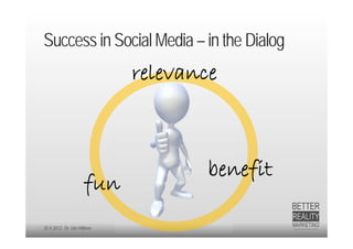 Success in Social Media – in the Dialog
                            relevance



                                    benefit
                     fun
20.9.2012 Dr. Ute Hillmer
 