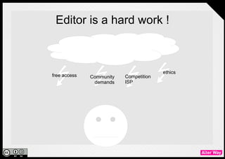 Editor is a hard work !



                                        ethics
free access   Community   Competition
              demands     ISP
 