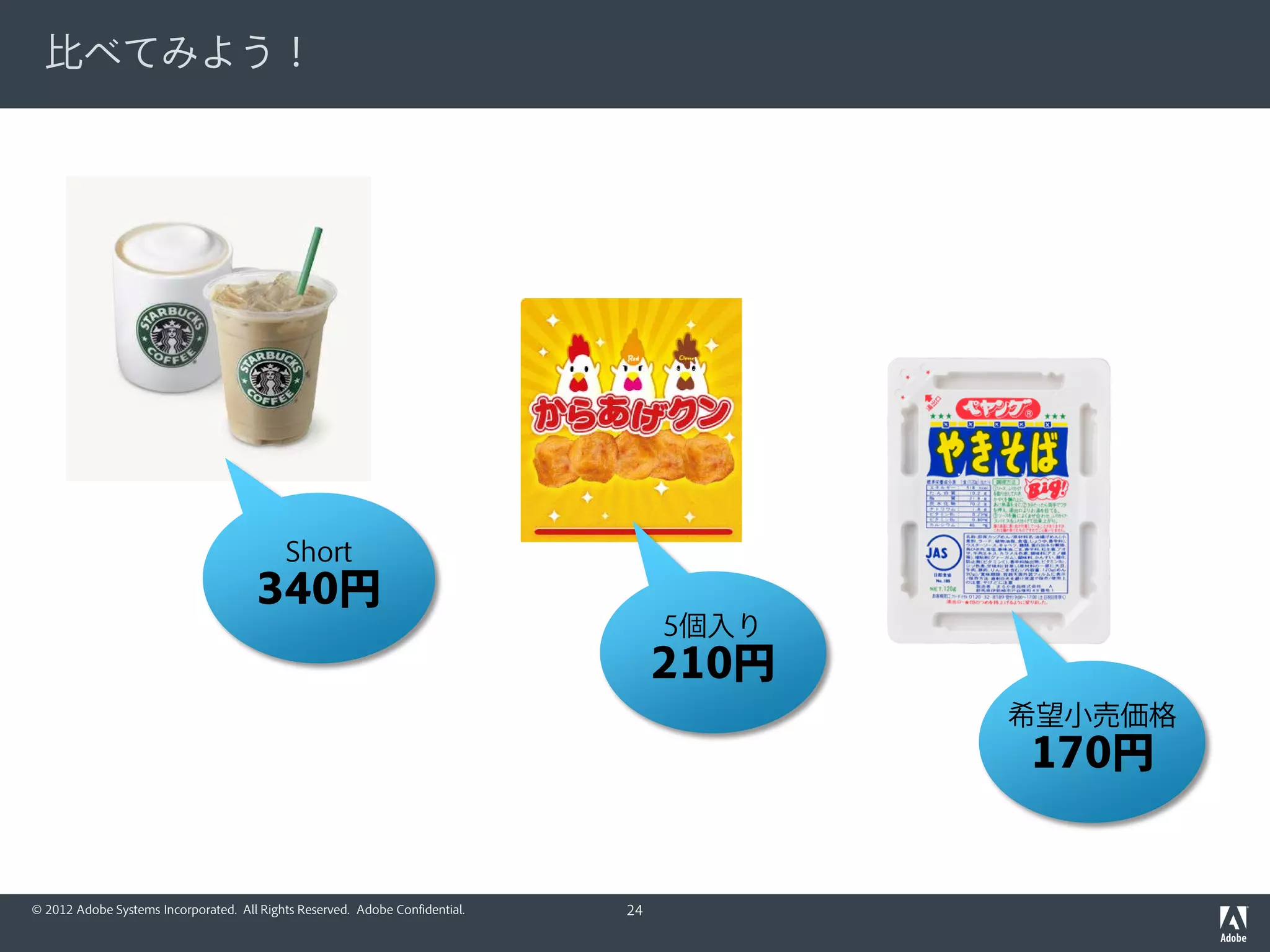 比べてみよう！




                                           Short
                                      340円
                                                                                   5個入り
                                                                                   210円
                                                                                          希望小売価格
                                                                                          170円


© 2012 Adobe Systems Incorporated. All Rights Reserved. Adobe Confidential.   24
 