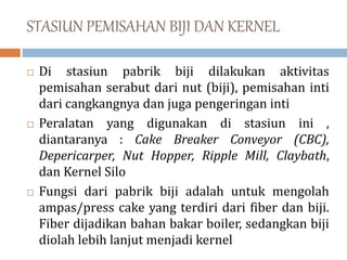 STASIUN PEMISAHAN BIJI DAN KERNEL
 Di stasiun pabrik biji dilakukan aktivitas
pemisahan serabut dari nut (biji), pemisahan inti
dari cangkangnya dan juga pengeringan inti
 Peralatan yang digunakan di stasiun ini ,
diantaranya : Cake Breaker Conveyor (CBC),
Depericarper, Nut Hopper, Ripple Mill, Claybath,
dan Kernel Silo
 Fungsi dari pabrik biji adalah untuk mengolah
ampas/press cake yang terdiri dari fiber dan biji.
Fiber dijadikan bahan bakar boiler, sedangkan biji
diolah lebih lanjut menjadi kernel
 