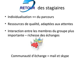 des stagiaires
• Individualisation ++ du parcours
• Ressources de qualité, adaptées aux attentes
• Interaction entre les membres du groupe plus
  importante – richesse des échanges




    Communauté d’échange = mail et skype
 