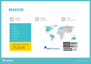 www.makazi.com
MAKAZI
2008
Fundação
+200
Funcionários
+50
Data Scientists
USA
Brazil
Canada
Austrália
França
Suiça
Faturamento 2013
25,6M€
 