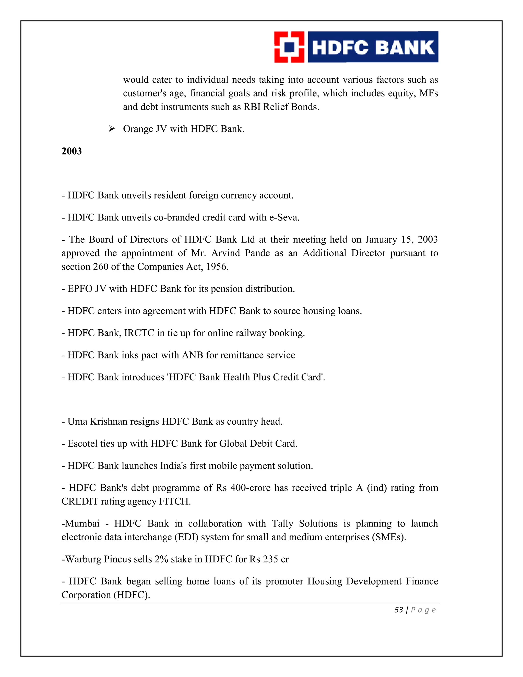 53 | P a g e
would cater to individual needs taking into account various factors such as
customer's age, financial goals and risk profile, which includes equity, MFs
and debt instruments such as RBI Relief Bonds.
 Orange JV with HDFC Bank.
2003
- HDFC Bank unveils resident foreign currency account.
- HDFC Bank unveils co-branded credit card with e-Seva.
- The Board of Directors of HDFC Bank Ltd at their meeting held on January 15, 2003
approved the appointment of Mr. Arvind Pande as an Additional Director pursuant to
section 260 of the Companies Act, 1956.
- EPFO JV with HDFC Bank for its pension distribution.
- HDFC enters into agreement with HDFC Bank to source housing loans.
- HDFC Bank, IRCTC in tie up for online railway booking.
- HDFC Bank inks pact with ANB for remittance service
- HDFC Bank introduces 'HDFC Bank Health Plus Credit Card'.
- Uma Krishnan resigns HDFC Bank as country head.
- Escotel ties up with HDFC Bank for Global Debit Card.
- HDFC Bank launches India's first mobile payment solution.
- HDFC Bank's debt programme of Rs 400-crore has received triple A (ind) rating from
CREDIT rating agency FITCH.
-Mumbai - HDFC Bank in collaboration with Tally Solutions is planning to launch
electronic data interchange (EDI) system for small and medium enterprises (SMEs).
-Warburg Pincus sells 2% stake in HDFC for Rs 235 cr
- HDFC Bank began selling home loans of its promoter Housing Development Finance
Corporation (HDFC).
 