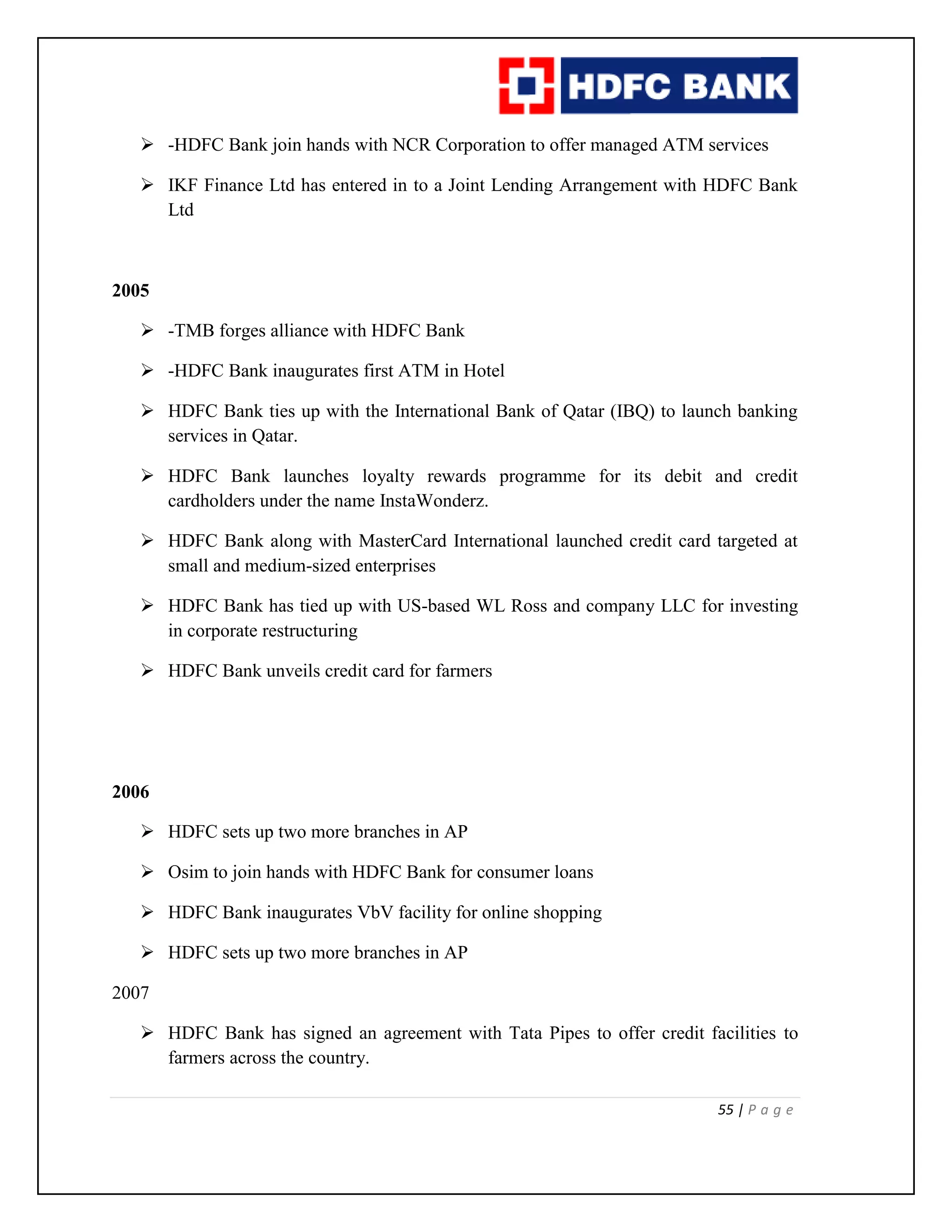 55 | P a g e
 -HDFC Bank join hands with NCR Corporation to offer managed ATM services
 IKF Finance Ltd has entered in to a Joint Lending Arrangement with HDFC Bank
Ltd
2005
 -TMB forges alliance with HDFC Bank
 -HDFC Bank inaugurates first ATM in Hotel
 HDFC Bank ties up with the International Bank of Qatar (IBQ) to launch banking
services in Qatar.
 HDFC Bank launches loyalty rewards programme for its debit and credit
cardholders under the name InstaWonderz.
 HDFC Bank along with MasterCard International launched credit card targeted at
small and medium-sized enterprises
 HDFC Bank has tied up with US-based WL Ross and company LLC for investing
in corporate restructuring
 HDFC Bank unveils credit card for farmers
2006
 HDFC sets up two more branches in AP
 Osim to join hands with HDFC Bank for consumer loans
 HDFC Bank inaugurates VbV facility for online shopping
 HDFC sets up two more branches in AP
2007
 HDFC Bank has signed an agreement with Tata Pipes to offer credit facilities to
farmers across the country.
 