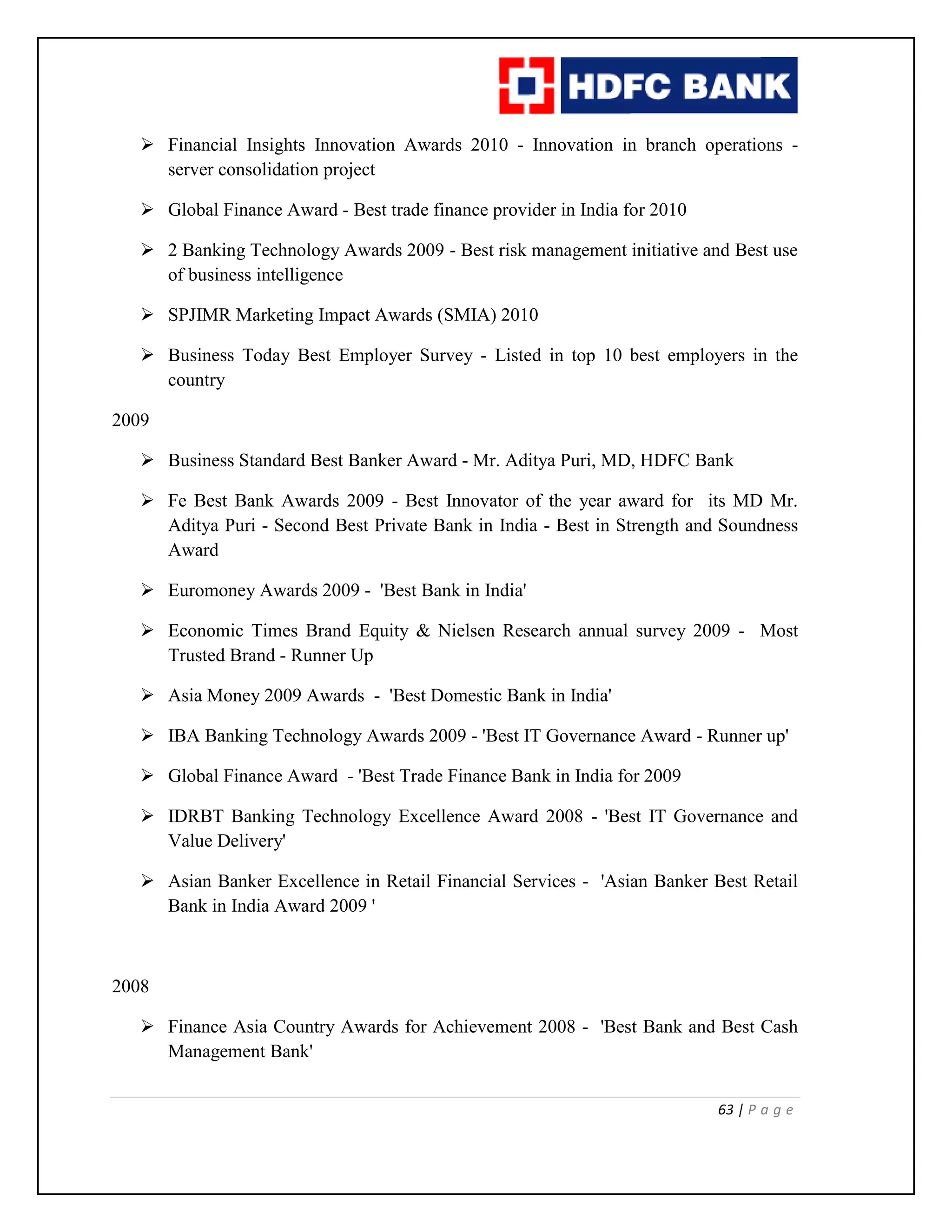 63 | P a g e
 Financial Insights Innovation Awards 2010 - Innovation in branch operations -
server consolidation project
 Global Finance Award - Best trade finance provider in India for 2010
 2 Banking Technology Awards 2009 - Best risk management initiative and Best use
of business intelligence
 SPJIMR Marketing Impact Awards (SMIA) 2010
 Business Today Best Employer Survey - Listed in top 10 best employers in the
country
2009
 Business Standard Best Banker Award - Mr. Aditya Puri, MD, HDFC Bank
 Fe Best Bank Awards 2009 - Best Innovator of the year award for its MD Mr.
Aditya Puri - Second Best Private Bank in India - Best in Strength and Soundness
Award
 Euromoney Awards 2009 - 'Best Bank in India'
 Economic Times Brand Equity & Nielsen Research annual survey 2009 - Most
Trusted Brand - Runner Up
 Asia Money 2009 Awards - 'Best Domestic Bank in India'
 IBA Banking Technology Awards 2009 - 'Best IT Governance Award - Runner up'
 Global Finance Award - 'Best Trade Finance Bank in India for 2009
 IDRBT Banking Technology Excellence Award 2008 - 'Best IT Governance and
Value Delivery'
 Asian Banker Excellence in Retail Financial Services - 'Asian Banker Best Retail
Bank in India Award 2009 '
2008
 Finance Asia Country Awards for Achievement 2008 - 'Best Bank and Best Cash
Management Bank'
 