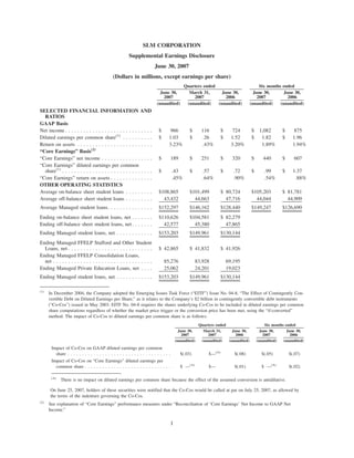 SLM CORPORATION
                                                          Supplemental Earnings Disclosure
                                                                           June 30, 2007
                                               (Dollars in millions, except earnings per share)
                                                                                                 Quarters ended                              Six months ended
                                                                               June 30,            March 31,      June 30,                June 30,       June 30,
                                                                                 2007                2007           2006                    2007           2006
                                                                             (unaudited)          (unaudited)   (unaudited)             (unaudited)    (unaudited)
SELECTED FINANCIAL INFORMATION AND
  RATIOS
GAAP Basis
Net income . . . . . . . . . . . . . . . . . . . . . . . . . . . . .          $       966            $      116         $      724      $ 1,082           $      875
Diluted earnings per common share(1) . . . . . . . . . .                      $      1.03            $       .26        $     1.52      $ 1.82            $     1.96
Return on assets . . . . . . . . . . . . . . . . . . . . . . . . .                   3.23%                   .43%             3.20%        1.89%                1.94%
“Core Earnings” Basis(2)
“Core Earnings” net income . . . . . . . . . . . . . . . . .                  $          189         $      251         $     320       $      440        $     607
“Core Earnings” diluted earnings per common
  share(1) . . . . . . . . . . . . . . . . . . . . . . . . . . . . . .        $          .43         $       .57        $      .72      $       .99       $     1.37
“Core Earnings” return on assets . . . . . . . . . . . . . .                             .45%                .64%              .90%             .54%             .88%
OTHER OPERATING STATISTICS
Average on-balance sheet student loans . . . . . . . . .                      $108,865               $101,499           $ 80,724        $105,203          $ 81,781
Average off-balance sheet student loans . . . . . . . . .                       43,432                 44,663             47,716          44,044            44,909
Average Managed student loans. . . . . . . . . . . . . . .                    $152,297               $146,162           $128,440        $149,247          $126,690
Ending on-balance sheet student loans, net . . . . . . .                      $110,626               $104,581           $ 82,279
Ending off-balance sheet student loans, net . . . . . . .                       42,577                 45,380             47,865
Ending Managed student loans, net . . . . . . . . . . . .                     $153,203               $149,961           $130,144
Ending Managed FFELP Stafford and Other Student
  Loans, net . . . . . . . . . . . . . . . . . . . . . . . . . . . .          $ 42,865               $ 41,832           $ 41,926
Ending Managed FFELP Consolidation Loans,
  net . . . . . . . . . . . . . . . . . . . . . . . . . . . . . . . . .           85,276                 83,928             69,195
Ending Managed Private Education Loans, net . . . .                               25,062                 24,201             19,023
Ending Managed student loans, net . . . . . . . . . . . .                     $153,203               $149,961           $130,144

(1)
      In December 2004, the Company adopted the Emerging Issues Task Force (“EITF”) Issue No. 04-8, “The Effect of Contingently Con-
      vertible Debt on Diluted Earnings per Share,” as it relates to the Company’s $2 billion in contingently convertible debt instruments
      (“Co-Cos”) issued in May 2003. EITF No. 04-8 requires the shares underlying Co-Cos to be included in diluted earnings per common
      share computations regardless of whether the market price trigger or the conversion price has been met, using the “if-converted”
      method. The impact of Co-Cos to diluted earnings per common share is as follows:
                                                                                                           Quarters ended                        Six months ended
                                                                                               June 30,      March 31,      June 30,          June 30,       June 30,
                                                                                                 2007          2007           2006              2007           2006
                                                                                             (unaudited)    (unaudited)   (unaudited)       (unaudited)    (unaudited)
       Impact of Co-Cos on GAAP diluted earnings per common
                                                                                                                $—(A)
         share . . . . . . . . . . . . . . . . . . . . . . . . . . . . . . . . . . . .         $(.03)                          $(.08)         $(.05)          $(.07)
       Impact of Co-Cos on “Core Earnings” diluted earnings per
                                                                                               $ —(A)                                         $ —(A)
         common share . . . . . . . . . . . . . . . . . . . . . . . . . . . . . .                               $—             $(.01)                         $(.02)

       (A)
             There is no impact on diluted earnings per common share because the effect of the assumed conversion is antidilutive.

      On June 25, 2007, holders of these securities were notified that the Co-Cos would be called at par on July 25, 2007, as allowed by
      the terms of the indenture governing the Co-Cos.
(2)
      See explanation of “Core Earnings” performance measures under “Reconciliation of ‘Core Earnings’ Net Income to GAAP Net
      Income.”

                                                                                         1
 
