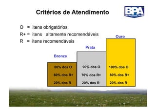 Critérios de Atendimento

O = itens obrigatórios
R+ = itens altamente recomendáveis          Ouro
R = itens recomendáveis
                              Prata

               Bronze

               80% dos O    90% dos O    100% dos O

               60% dos R+   70% dos R+   80% dos R+

               20% dos R    20% dos R    20% dos R
 