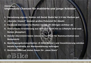 Ableitungen |
     Ungenutzte Chancen für etablierte und junge Anbieter


     1. Vernetzung eigener Medien mit Social Media bei 3/4 der Marken gut

     2. „Sozialer Impact“ beweist großes Potenzial für Absatz

     3. Facebook löst tradierte Medien bei bis 39-Jährigen sichtbar ab

     4. Thematische Erweiterung aus dem Pro-Sport hin zu Lifestyle wird vom
          Nutzer akzeptiert

     5. Handel übernimmt keine relevante Funktion für Kommunikation aus
          Nutzersicht

     6. Bestätigungskommunikation (E-Bike-Nutzer) und Incentivierung würden
          bereits kurzfristig zur Markenstärkung beitragen

     7. Marktverhältnisse bieten Raum für „neue Stars“


                                                                                       © Tippy 2012
                                                                                       Quelle: http://www.slideshare.net/Cecce67/reinventing-the-wheel




E-Bikes und Social Media - Analyse 2012           © ZIV & Zucker.Kommunikation GmbH | Juli/August 2012 | Seite 18
 