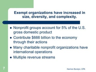 Exempt organizations have increased in
           size, diversity, and complexity.

       Nonprofit groups account for 5% of the U.S.
        gross domestic product
       Contribute $666 billion to the economy
        through their actions
       Many charitable nonprofit organizations have
        international operations
       Multiple revenue streams

7                                      Harmon Burstyn, CPA
 