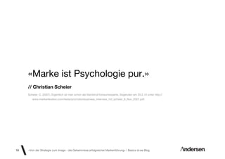 «Marke ist Psychologie pur.»
     // Christian Scheier
     Scheier, C. (2007). Eigentlich ist man schon als Kleinkind Konsumexperte. Abgerufen am 25.2.10 unter http://
        www.markenlexikon.com/texte/promotionbusiness_interview_mit_scheier_6_Nov_2007.pdf.




18   «Von der Strategie zum Image - die Geheimnisse erfolgreicher Markenführung»  Basics id-ee Blog
 