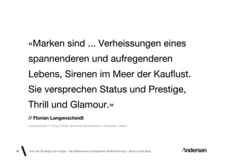 «Marken sind ... Verheissungen eines
     spannenderen und aufregenderen
     Lebens, Sirenen im Meer der Kauﬂust.
     Sie versprechen Status und Prestige,
     Thrill und Glamour.»
     // Florian Langenscheidt
     Langenscheidt, F. (Hrsg.) (2008). Deutsches Markenlexikon. Wiesbaden: Gabler.




19   «Von der Strategie zum Image - die Geheimnisse erfolgreicher Markenführung»  Basics id-ee Blog
 