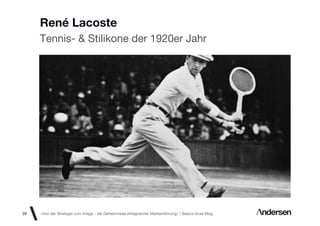 René Lacoste
     Tennis- & Stilikone der 1920er Jahr




20   «Von der Strategie zum Image - die Geheimnisse erfolgreicher Markenführung»  Basics id-ee Blog
 