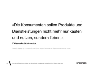 «Die Konsumenten sollen Produkte und
     Dienstleistungen nicht mehr nur kaufen
     und nutzen, sondern lieben.»
     // Alexander Schimansky

     Florack, A. Scarabis, M. & Primosch, E. (Hrsg.) (2008, S. 440). Psychologie der Markenführung. München: Vahlen.




27   «Von der Strategie zum Image - die Geheimnisse erfolgreicher Markenführung»  Basics id-ee Blog
 
