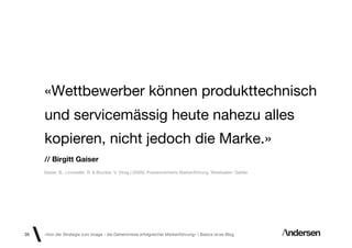 «Wettbewerber können produkttechnisch
     und servicemässig heute nahezu alles
     kopieren, nicht jedoch die Marke.»
     // Birgitt Gaiser
     Gaiser, B., Linxweiler, R. & Brucker, V. (Hrsg.) (2005). Praxisorientierte Markenführung. Wiesbaden: Gabler.




35   «Von der Strategie zum Image - die Geheimnisse erfolgreicher Markenführung»  Basics id-ee Blog
 
