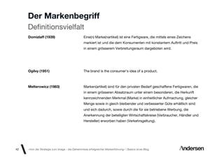 Der Markenbegriff
     Deﬁnitionsvielfalt
     Domizlaff (1939)                           Eine(n) Marke(nartikel) ist eine Fertigware, die mittels eines Zeichens
                                                markiert ist und die dem Konsumenten mit konstantem Auftritt und Preis
                                                in einem grösserem Verbreitungsraum dargeboten wird.




     Ogilvy (1951)                              The brand is the consumer‘s idea of a product.



     Melterowicz (1983)                         Marken(artikel) sind für den privaten Bedarf geschaffene Fertigwaren, die
                                                in einem grösseren Absatzraum unter einem besonderen, die Herkunft
                                                kennzeichnenden Merkmal (Marke) in einheitlicher Aufmachung, gleicher
                                                Menge sowie in gleich bleibender und verbesserter Güte erhältlich sind
                                                und sich dadurch, sowie durch die für sie betriebene Werbung, die
                                                Anerkennung der beteiligten Wirtschaftskreise (Verbraucher, Händler und
                                                Hersteller) erworben haben (Verkehrsgeltung).




42   «Von der Strategie zum Image - die Geheimnisse erfolgreicher Markenführung»  Basics id-ee Blog
 