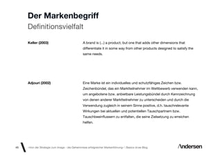 Der Markenbegriff
     Deﬁnitionsvielfalt

     Keller (2003)                              A brand is (...) a product, but one that adds other dimensions that
                                                differentiate it in some way from other products designed to satisfy the
                                                same needs.




     Adjouri (2002)                             Eine Marke ist ein individuelles und schutzfähiges Zeichen bzw.
                                                Zeichenbündel, das ein Marktteilnehmer im Wettbewerb verwenden kann,
                                                um angebotene bzw. anbietbare Leistungsbündel durch Kennzeichnung
                                                von denen anderer Marktteilnehmer zu unterscheiden und durch die
                                                Verwendung zugleich in seinem Sinne positive, d.h. tauschrelevante
                                                Wirkungen bei aktuellen und potentiellen Tauschpartnern bzw.
                                                Tauschbeeinﬂussern zu entfalten, die seine Zielsetzung zu erreichen
                                                helfen.




45   «Von der Strategie zum Image - die Geheimnisse erfolgreicher Markenführung»  Basics id-ee Blog
 