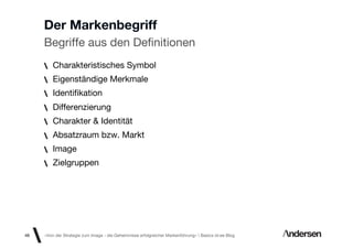 Der Markenbegriff
     Begriffe aus den Deﬁnitionen
         Charakteristisches Symbol
         Eigenständige Merkmale
         Identiﬁkation
         Differenzierung
         Charakter & Identität
         Absatzraum bzw. Markt
         Image
         Zielgruppen




46   «Von der Strategie zum Image - die Geheimnisse erfolgreicher Markenführung»  Basics id-ee Blog
 