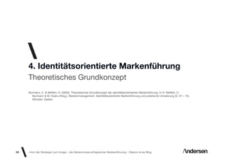 4. Identitätsorientierte Markenführung
     Theoretisches Grundkonzept
     Burmann, C. & Meffert, H. (2005). Theoretisches Grundkonzept der identitätsorientierten Markenführung. In H. Meffert, C.
       Burmann & M. Koers (Hrsg.), Markenmanagement. Identitätsorientierte Markenführung und praktische Umsetzung (S. 37 – 72).
       Münster: Gabler.




66   «Von der Strategie zum Image - die Geheimnisse erfolgreicher Markenführung»  Basics id-ee Blog
 