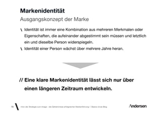 Markenidentität
     Ausgangskonzept der Marke
         Identität ist immer eine Kombination aus mehreren Merkmalen oder
         Eigenschaften, die aufeinander abgestimmt sein müssen und letztlich
         ein und dieselbe Person widerspiegeln.
         Identität einer Person wächst über mehrere Jahre heran.




     // Eine klare Markenidentität lässt sich nur über
         einen längeren Zeitraum entwickeln.


70   «Von der Strategie zum Image - die Geheimnisse erfolgreicher Markenführung»  Basics id-ee Blog
 