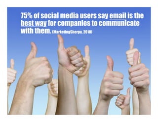75%To monetize social media, convert the
      of social media users say email is
  best way for companies to communicate
 “Fans and Followers” to email subscribers!
  with them. (MarketingSherpa, 2010)




© 2009 Online Marketing Connect
 