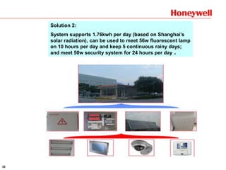 22
Solution 2:
System supports 1.76kwh per day (based on Shanghai’s
solar radiation), can be used to meet 56w fluorescent lamp
on 10 hours per day and keep 5 continuous rainy days;
and meet 50w security system for 24 hours per day 。
 