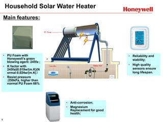 5
Main features:
• PU Foam with
Honeywell’s green
blowing agent: 245fa ;
• K factor with
245fa≤0.019w/(m.K)(N
ormal:0.024w/(m.K)）
• Resist pressure
:250kPa, higher than
normal PU Foam 66%
• Reliability and
stability;
• High quality
sensors ensure
long lifespan.
• Anti-corrosion;
• Magnesium
Replacement for good
health;
Household Solar Water Heater
 