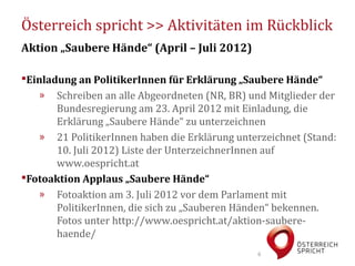Österreich spricht >> Aktivitäten im Rückblick
Aktion „Saubere Hände“ (April – Juli 2012)

Einladung an PolitikerInnen für Erklärung „Saubere Hände“
   » Schreiben an alle Abgeordneten (NR, BR) und Mitglieder der
       Bundesregierung am 23. April 2012 mit Einladung, die
       Erklärung „Saubere Hände“ zu unterzeichnen
   » 21 PolitikerInnen haben die Erklärung unterzeichnet (Stand:
       10. Juli 2012) Liste der UnterzeichnerInnen auf
       www.oespricht.at
Fotoaktion Applaus „Saubere Hände“
   » Fotoaktion am 3. Juli 2012 vor dem Parlament mit
       PolitikerInnen, die sich zu „Sauberen Händen“ bekennen.
       Fotos unter http://www.oespricht.at/aktion-saubere-
       haende/
                                                6
 