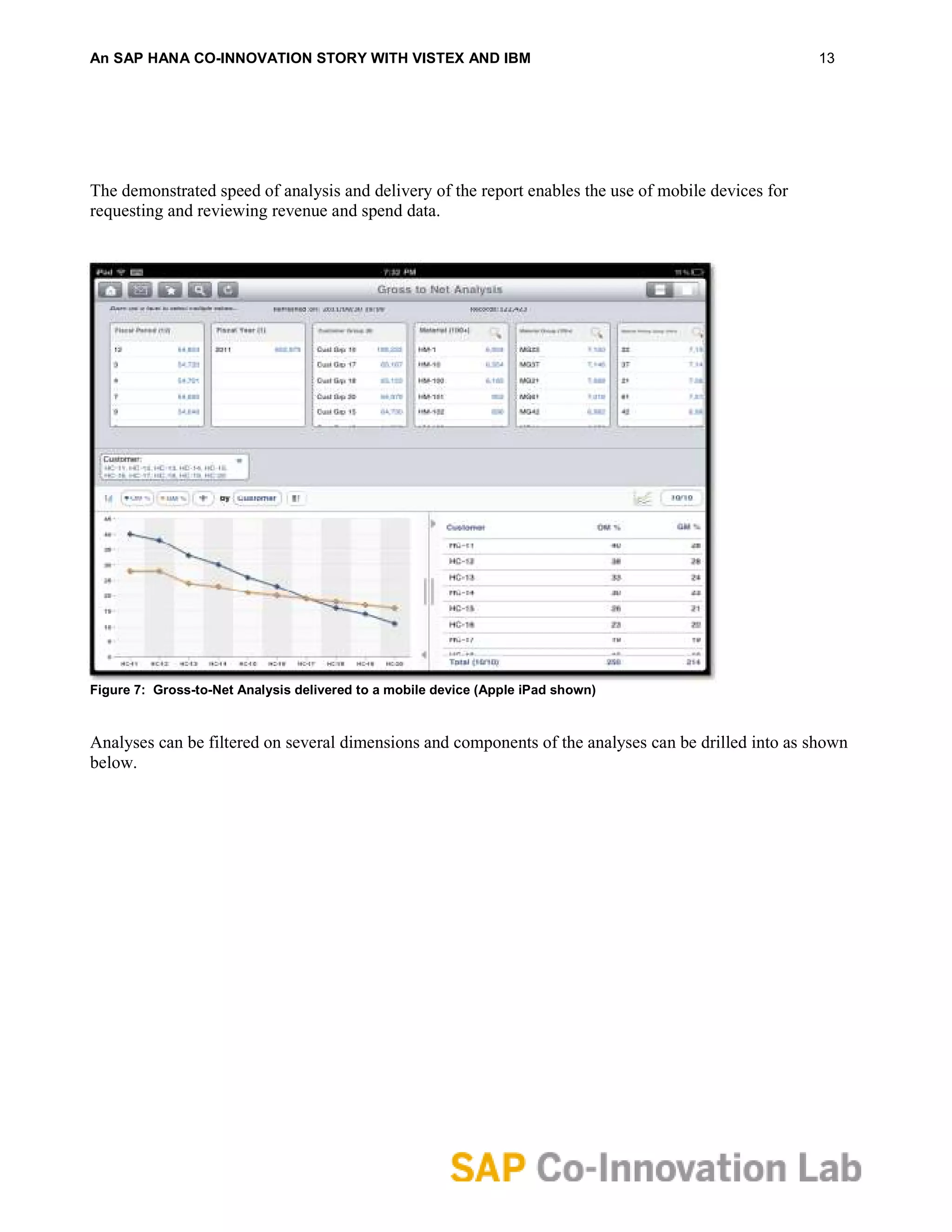 An SAP HANA CO-INNOVATION STORY WITH VISTEX AND IBM                                                   13




The demonstrated speed of analysis and delivery of the report enables the use of mobile devices for
requesting and reviewing revenue and spend data.




Figure 7: Gross-to-Net Analysis delivered to a mobile device (Apple iPad shown)



Analyses can be filtered on several dimensions and components of the analyses can be drilled into as shown
below.
 
