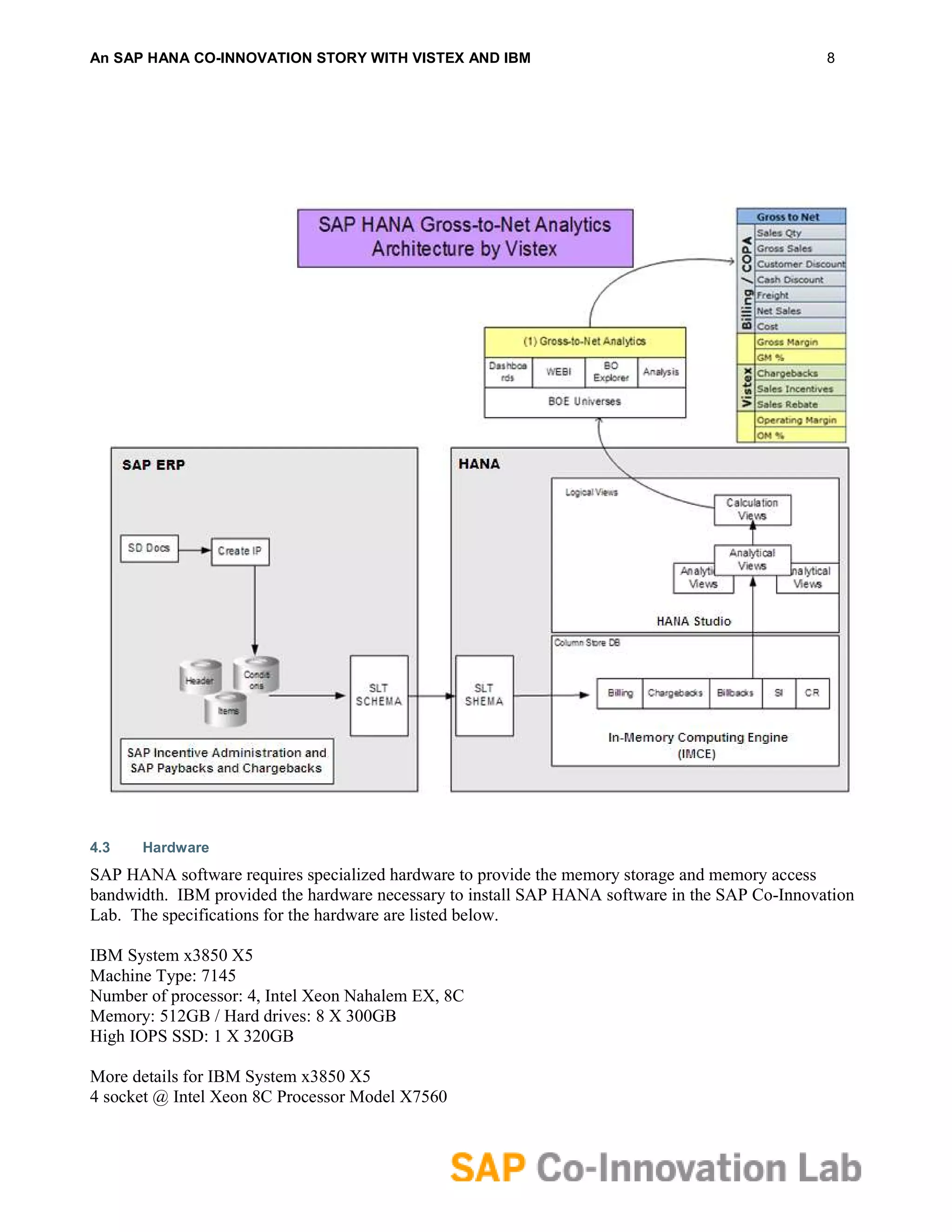 An SAP HANA CO-INNOVATION STORY WITH VISTEX AND IBM                                             8




4.3   Hardware
SAP HANA software requires specialized hardware to provide the memory storage and memory access
bandwidth. IBM provided the hardware necessary to install SAP HANA software in the SAP Co-Innovation
Lab. The specifications for the hardware are listed below.

IBM System x3850 X5
Machine Type: 7145
Number of processor: 4, Intel Xeon Nahalem EX, 8C
Memory: 512GB / Hard drives: 8 X 300GB
High IOPS SSD: 1 X 320GB

More details for IBM System x3850 X5
4 socket @ Intel Xeon 8C Processor Model X7560
 