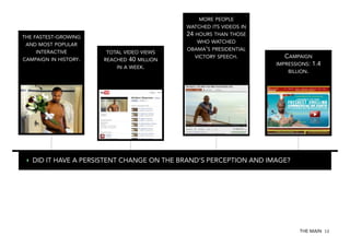 THE FASTEST-GROWING
AND MOST POPULAR
INTERACTIVE
CAMPAIGN IN HISTORY.

TOTAL VIDEO VIEWS
REACHED 40 MILLION
IN A WEEK.

MORE PEOPLE
WATCHED ITS VIDEOS IN
24 HOURS THAN THOSE
WHO WATCHED
OBAMA'S PRESIDENTIAL
VICTORY SPEECH.

CAMPAIGN
IMPRESSIONS: 1.4
BILLION.

‣  DID IT HAVE A PERSISTENT CHANGE ON THE BRAND‘S PERCEPTION AND IMAGE?

THE MAIN 10

 