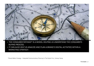‣  THE CONSUMER PATHWAY* IS A MODEL HELPING US UNDERSTAND THE CONSUMER‘S
BUYING PROCESS.
‣  IT CAN ALSO HELP US ANALYZE AND PLAN A BRAND‘S DIGITAL ACTIVITIES WITHIN A
MARKETING STRATEGY.

*Brand Media Strategy – Integrated Communications Planning In The Digital Era | Antony Young
THE MAIN 17

 