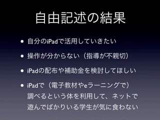 自由記述の結果
• 自分のiPadで活用していきたい
• 操作が分からない（指導が不親切）
• iPadの配布や補助金を検討してほしい
• iPadで（電子教材やeラーニングで）
 調べるという体を利用して、ネットで
 遊んでばかりいる学生が気に食わない
 