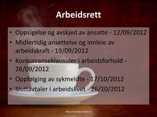 Arbeidsrett
• Oppsigelse og avskjed av ansatte - 12/09/2012
• Midlertidig ansettelse og innleie av
  arbeidskraft - 19/09/2012
• Konkurranseklausuler i arbeidsforhold -
  26/09/2012
• Oppfølging av sykmeldte - 17/10/2012
• Sluttavtaler i arbeidslivet - 26/10/2012


                   http://lynxlaw.net/kurs/
 
